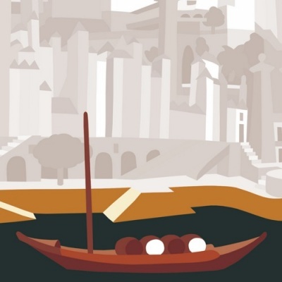 Barco de madeira castanha num rio com edifícios abstratos ao fundo