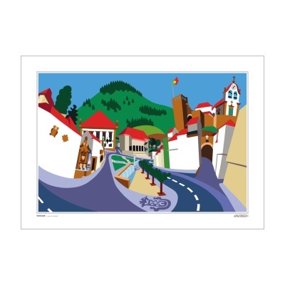 Ilustração digital de vila com casas brancas, telhados vermelhos, estrada e montanha verde