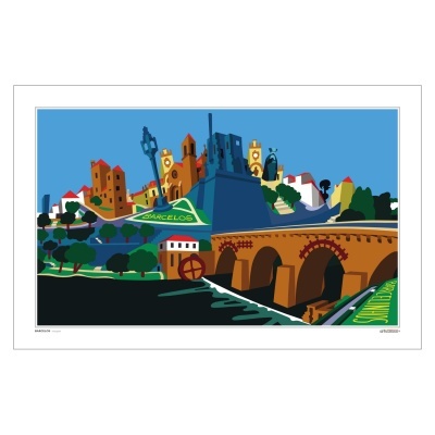 Ilustração colorida de paisagem urbana com edifícios, ponte e tente 'BARCELOS'.