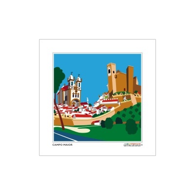 Ilustração colorida de Campo Maior com igreja, castelo e edifícios
