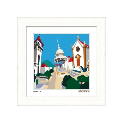 Ilustração gráfica de uma praça em Palmela com coreto, casas brancas e árvores sob céu azul