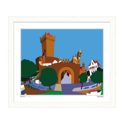 Ilustração de paisagem urbana com castelo, casas, árvores e céu azul em quadro branco