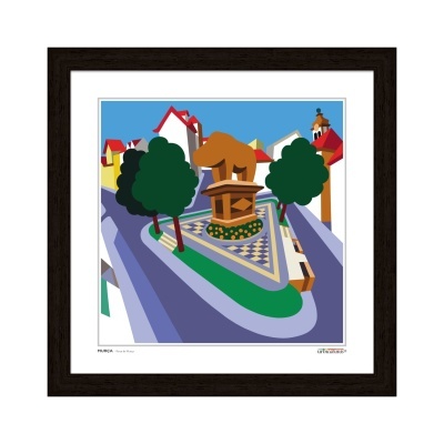 Ilustração em quadro mostra monumento triangular com estátua castanha, árvores e casas ao fundo.