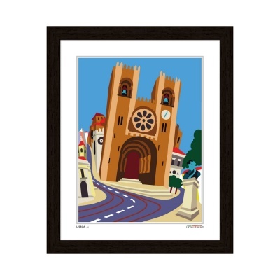 Ilustração digital de edifício com duas torres castanho-alaranjadas em moldura preta