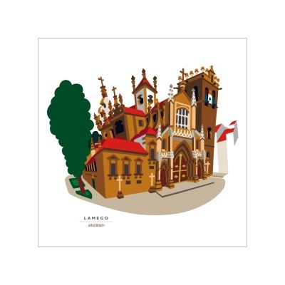 Ilustração digital de edifício histórico em Lamego com telhados vermelhos e detalhes decorativos