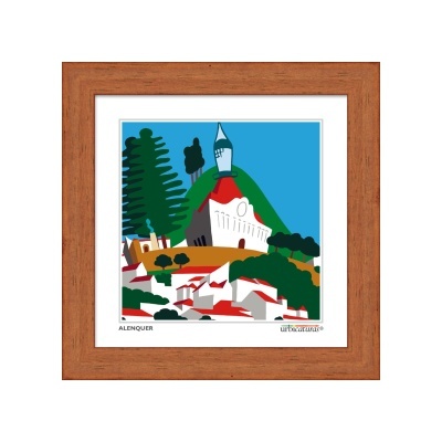 Quadro com ilustração colorida de paisagem urbana e texto 'ALENQUER' e 'urbearte'