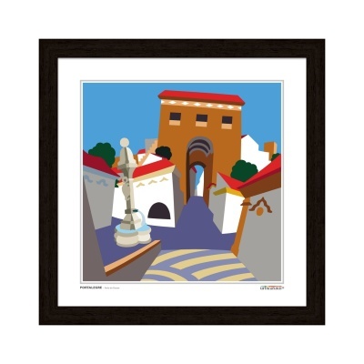 Quadro com arte digital colorida de uma rua e torre, com moldura preta e passe-partout branco