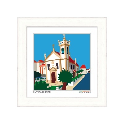 Ilustração colorida de igreja com torre e relógio em Oliveira do Bairro, emoldurada