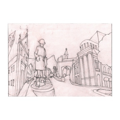 Desenho a lápis de uma rua com estátua e edifícios tradicionais ao fundo