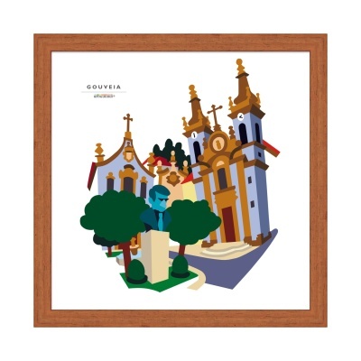 Ilustração de monumento religioso e estátua em quadro com moldura de madeira