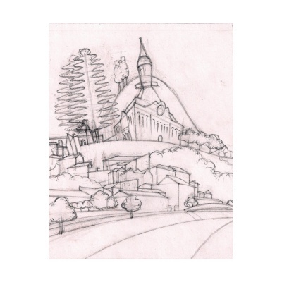 Desenho a lápis em preto e branco mostrando uma paisagem urbana com edifícios e árvores