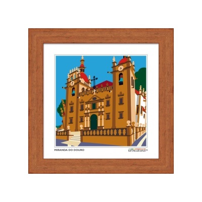 Quadro ilustrado de edifício histórico com moldura castanha