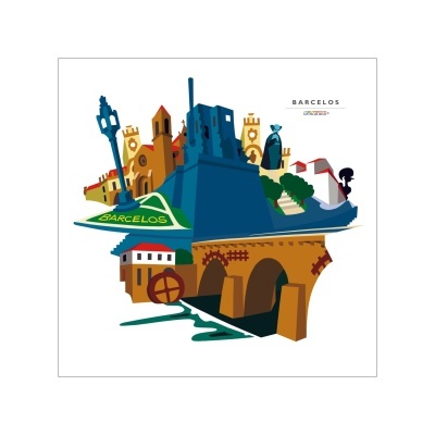 Ilustração colorida de marcos de Barcelos com texto PORTUGAL