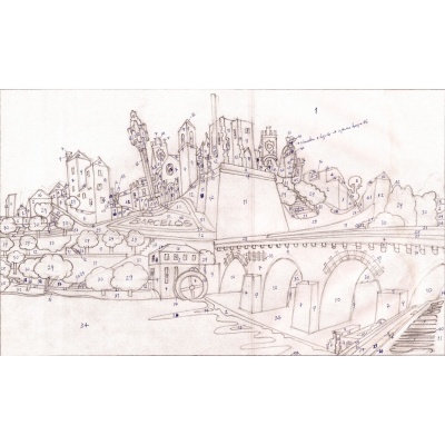 Desenho a lápis numerado para pintar de uma cidade com ponte e o nome BARCELOS