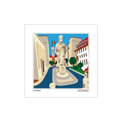 Ilustração de praça com estátua e bandeira de Portugal em Coimbra