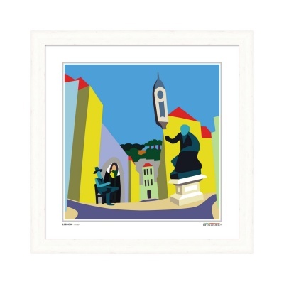 quadro decorativo com ilustração urbana colorida e moldura branca