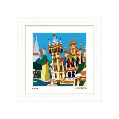 Ilustração digital colorida de castelo em Sintra em moldura branca