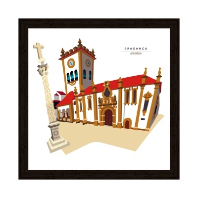 Ilustração digital de igreja e monumento em Bragança, Portugal.