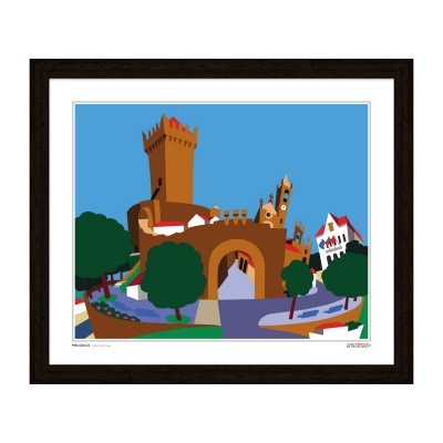 Ilustração colorida de castelo, árvores e casas em quadro com moldura preta