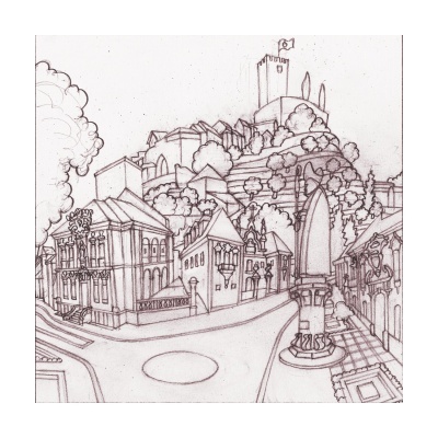 Desenho a lápis de uma paisagem urbana com edifícios clássicos, árvores e torre de castelo no topo da colina