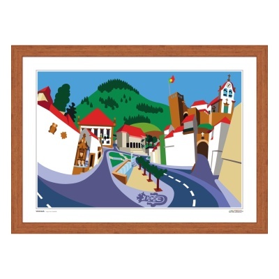 Imagem digital colorida de paisagem urbana com edifícios, estrada e colina emoldurada em madeira