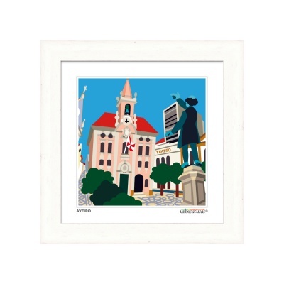 Ilustração colorida de edifícios e estátuas em Aveiro, moldura branca.