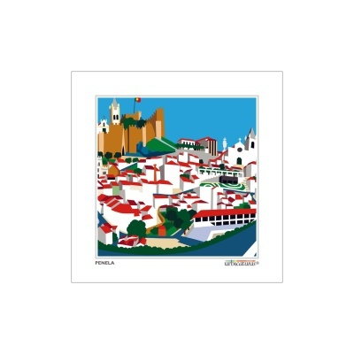 Ilustração colorida de paisagem urbana com castelo e casas brancas com telhados vermelhos.