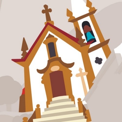 Desenho estilizado de igreja com escadaria e torre sineira