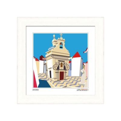 Ilustração colorida emoldurada de igreja em Aveiro com céu azul e padrões geométricos