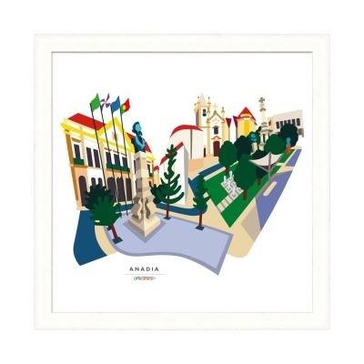Ilustração colorida de Anadia com edifícios, estátuas e árvores numa moldura branca