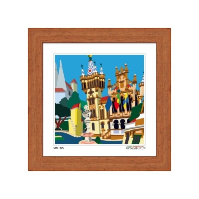 Quadro com imagem colorida de edifícios históricos de Sintra em moldura de madeira