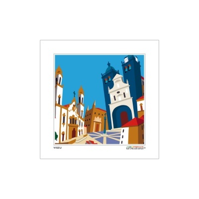 Ilustração colorida de edifícios históricos em Viseu com céu azul e pavimento geométrico