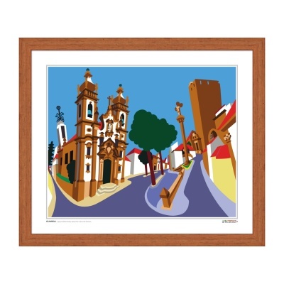 Ilustração digital de praça urbana com edifícios históricos e árvores em moldura de madeira