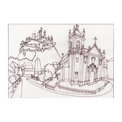 Desenho a lápis de uma igreja e casas numa cidade com um monte no fundo