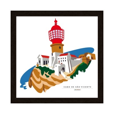 Ilustração colorida do Farol do Cabo de São Vicente em quadro com moldura castanha escura