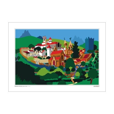 Ilustração colorida de aldeia medieval com castelos e árvores