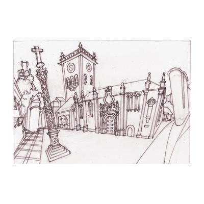 Desenho a lápis de cenário arquitetónico com torre e edifícios antigos