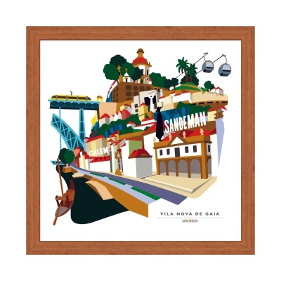 Ilustração colorida de Vila Nova de Gaia com sinais de Sandeman e Calem e elementos típicos da cidade