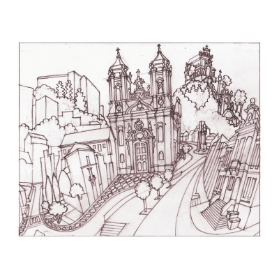 Desenho a tinta de igreja com duas torres e rua inclinada cercada de edifícios e árvores