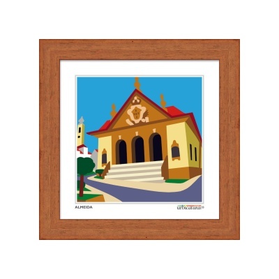 Quadro com imagem digital de edifício amarelo e castanho com colunas