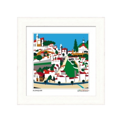 Ilustração colorida da cidade de Alenquer em quadro branco.