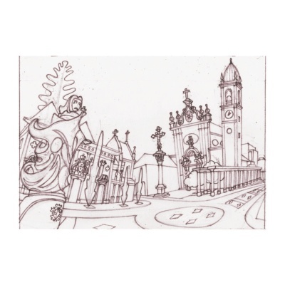 Desenho a tinta de ponto de interesse urbano com várias esculturas e edifícios históricos