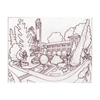 Desenho de parque com árvores, estátuas e edifício com colunas