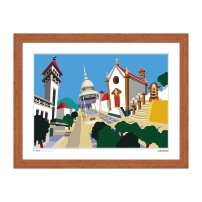 Gravura colorida de rua com edifícios históricos, igreja e vegetação emoldurada em madeira