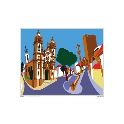 Ilustração digital colorida de uma rua com igreja e edifícios históricos.