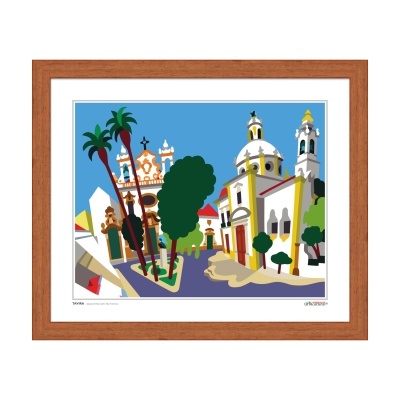 Quadro colorido de cidade histórica com moldura de madeira