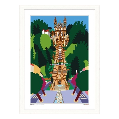 Ilustração de monumento histórico com escadaria e árvores em moldura branca