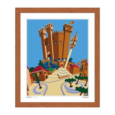 Poster ilustrativo de castelo medieval com bandeira de Portugal