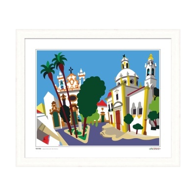 Ilustração colorida de paisagem urbana em moldura branca