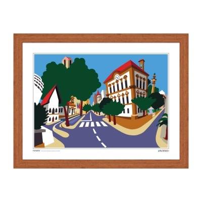 Ilustração colorida de uma rua com edifícios e árvores em moldura de madeira